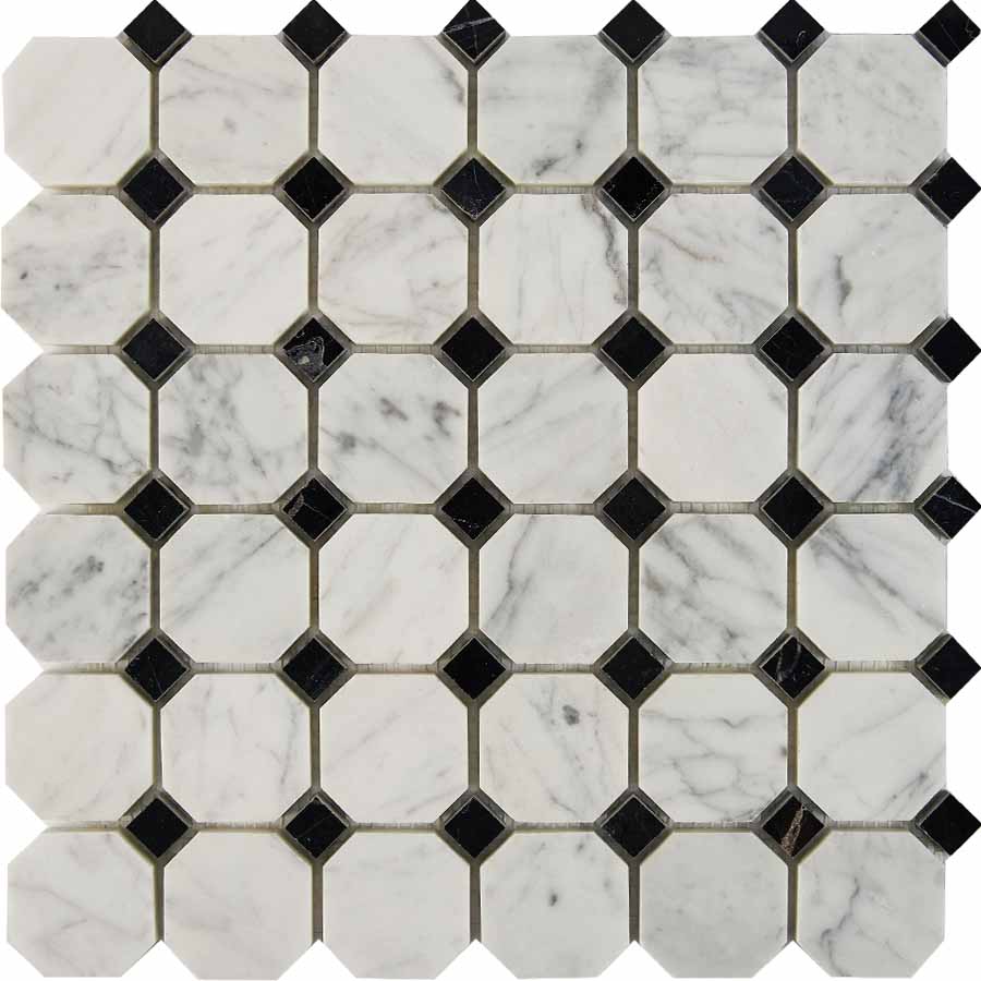 PIX 209 Bianca Carrara, Nero Marquina, чип 48x48 мм, сетка 305х305x8 мм, Полированная