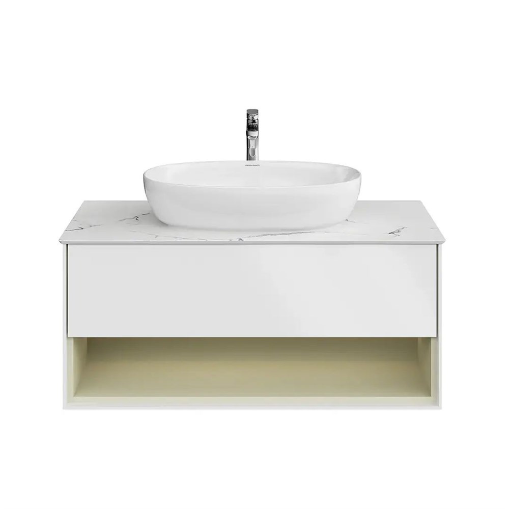 KMPMCb100MSg1 Тумба Plaza Modern/Плаза Модерн подвесная 100, нажимное открывание, 1 ящик, подсветка, белая матовая+шалфей