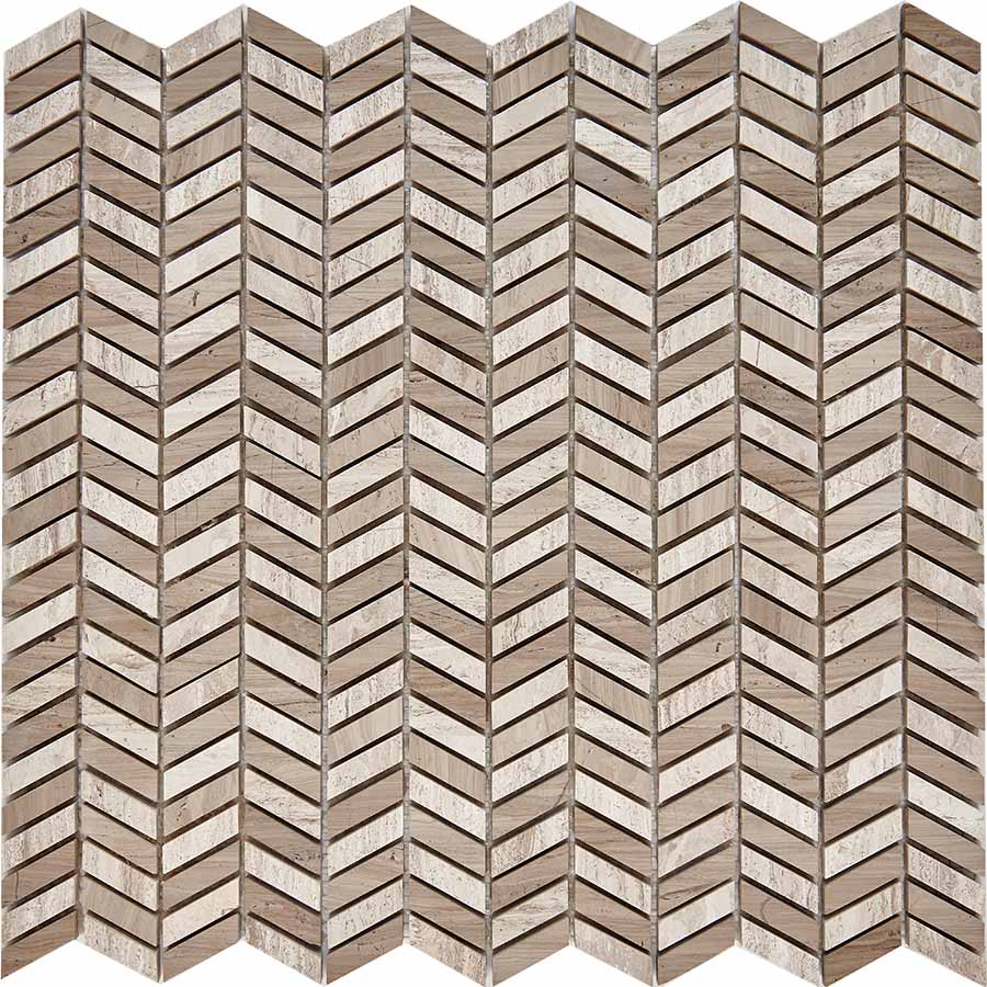 PIX 288 Shevron White Wooden, Athens Grey, чип 27x10 мм, сетка 298х307x8 мм, Полированная