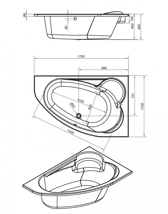 Ванна асимметричная KALIOPE 170x110 правая 63444